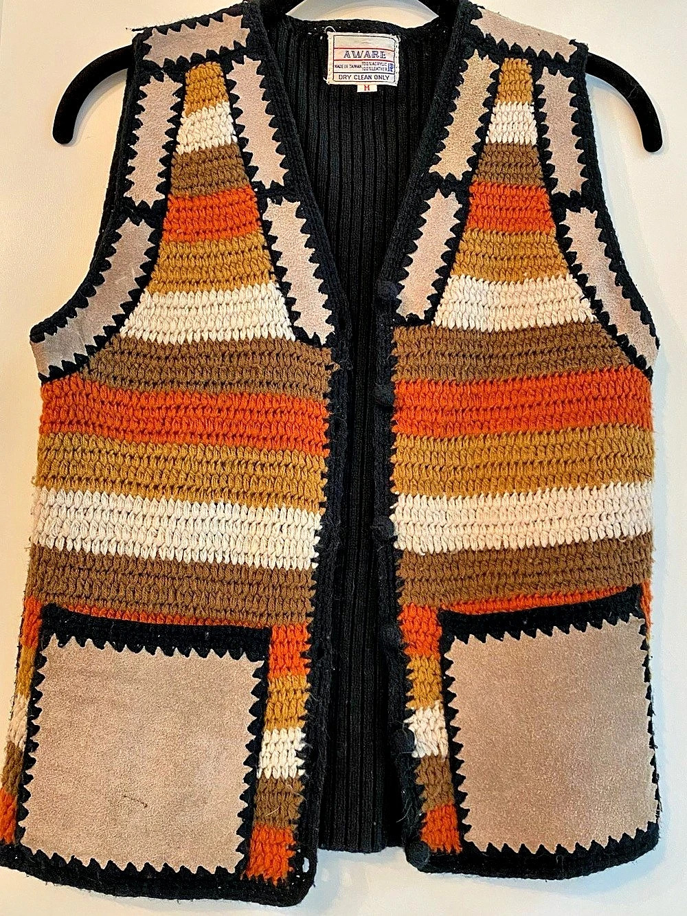 Vintage Women's Crochet Knit Vest in Black & Orange